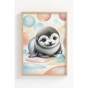 Penguen Ve Fok 2’li Çocuk Odası Ahşap Çerçeveli Tablo Seti - Tatlı Dekor 30x42 cm