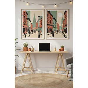 Şehir Sokakları 2’li Ahşap Çerçeveli Tablo Seti - Retro Modern Dekor 30x42 cm