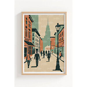 Şehir Sokakları 2’li Ahşap Çerçeveli Tablo Seti - Retro Modern Dekor 30x42 cm