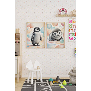 Penguen Ve Fok 2’li Çocuk Odası Ahşap Çerçeveli Tablo Seti - Tatlı Dekor 21x30 cm