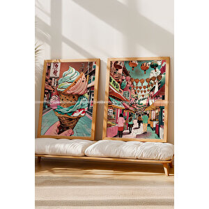 Asya Sokak Lezzetleri 2 Parçalı Ahşap Çerçeveli Tablo Seti 50x70 cm