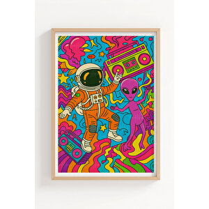 Uzay Partisi 2’li Ahşap Çerçeveli Tablo Seti - Renkli Pop Art Dekoru 21x30 cm