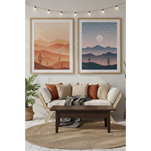 Çöl Manzarası 2’li Ahşap Çerçeveli Tablo Seti - Doğa Ve Minimalist Dekor 30x42 cm