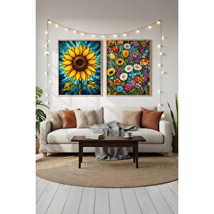 Ayçiçeği Ve Kır Çiçekleri 2’li Ahşap Çerçeveli Tablo Seti - Bitki Ve Çiçek Dekoru 30x42 cm