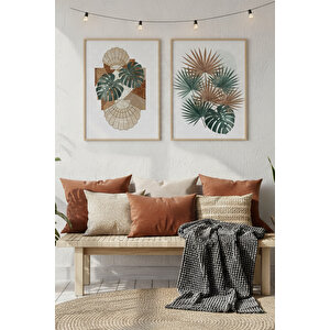 Tropik Yapraklar 2’li Ahşap Çerçeveli Tablo Seti - Bitki Ve Çiçek Dekoru 21x30 cm