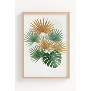 Tropik Yapraklar 2’li Ahşap Çerçeveli Tablo Seti - Bitki Ve Çiçek Dekoru 21x30 cm