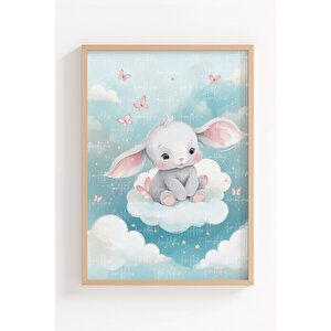 Fil Ve Tavşan 2’li Çocuk Odası Ahşap Çerçeveli Tablo Seti - Bulutlu Dekor 50x70 cm