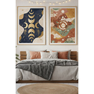 Güneş Ve Ay Evreni 2’li Ahşap Çerçeveli Tablo Seti - Manevi Ve Kozmik Dekor 30x42 cm