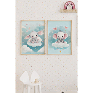 Fil Ve Tavşan 2’li Çocuk Odası Ahşap Çerçeveli Tablo Seti - Bulutlu Dekor 30x42 cm