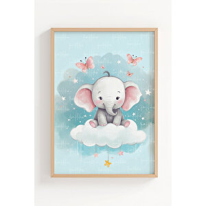 Fil Ve Tavşan 2’li Çocuk Odası Ahşap Çerçeveli Tablo Seti - Bulutlu Dekor 30x42 cm
