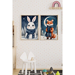 Kış Tavşanı Ve Tilki 2’li Çocuk Odası Ahşap Çerçeveli Tablo Seti - Gece Ormanı Dekoru 50x70 cm