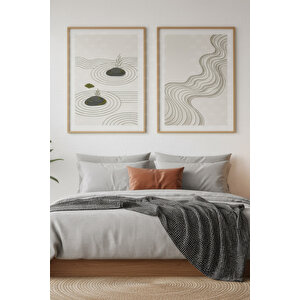 Zen Dalgaları 2’li Ahşap Çerçeveli Tablo Seti - Minimalist Japon Dekoru 21x30 cm