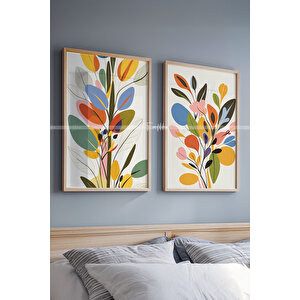 Soyut Renkli Yapraklar 2'li Ahşap Çerçeveli Tablo Seti-2 21x30 cm