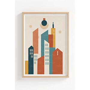 Geometrik Şehir 2’li Ahşap Çerçeveli Tablo Seti - Modern Mimari Dekor 30x42 cm