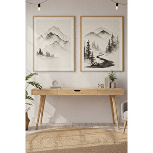 Dağ Manzarası 2’li Ahşap Çerçeveli Tablo Seti - Minimalist Doğa Dekoru 30x42 cm