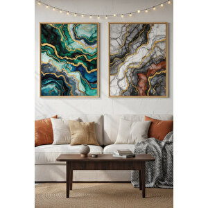 Mermer Damarı 2’li Ahşap Çerçeveli Tablo Seti - Soyut Ve Modern Dekor 30x42 cm