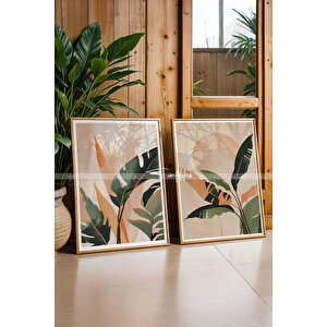Tropikal Yaprak Tasarımlı Ahşap Çerçeveli 2'li Tablo Seti-2 30x42 cm