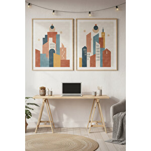 Geometrik Şehir 2’li Ahşap Çerçeveli Tablo Seti - Modern Mimari Dekor 50x70 cm