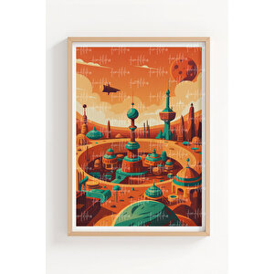 Mars Ve Gelecek Şehirleri 2’li Ahşap Çerçeveli Tablo Seti - Retro Fütüristik Dekor 21x30 cm