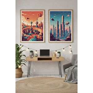 Mars Ve Gelecek Şehirleri 2’li Ahşap Çerçeveli Tablo Seti - Retro Fütüristik Dekor 50x70 cm