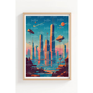 Mars Ve Gelecek Şehirleri 2’li Ahşap Çerçeveli Tablo Seti - Retro Fütüristik Dekor 50x70 cm