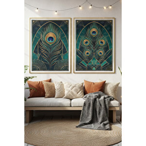 Tavuskuşu Tüyü 2’li Ahşap Çerçeveli Tablo Seti - Art Deco Dekor 50x70 cm