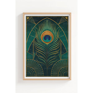 Tavuskuşu Tüyü 2’li Ahşap Çerçeveli Tablo Seti - Art Deco Dekor 50x70 cm