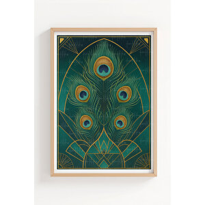 Tavuskuşu Tüyü 2’li Ahşap Çerçeveli Tablo Seti - Art Deco Dekor 50x70 cm