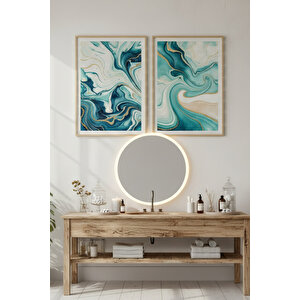 Mavi Dalgalar 2’li Ahşap Çerçeveli Tablo Seti - Soyut Modern Dekor 50x70 cm