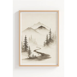 Dağ Manzarası 2’li Ahşap Çerçeveli Tablo Seti - Minimalist Doğa Dekoru 50x70 cm