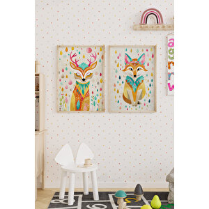 Renkli Geyik Ve Tilki 2’li Çocuk Odası Ahşap Çerçeveli Tablo Seti - Boho Orman Dekoru 50x70 cm