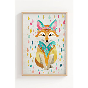 Renkli Geyik Ve Tilki 2’li Çocuk Odası Ahşap Çerçeveli Tablo Seti - Boho Orman Dekoru 50x70 cm