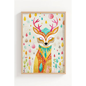 Renkli Geyik Ve Tilki 2’li Çocuk Odası Ahşap Çerçeveli Tablo Seti - Boho Orman Dekoru 50x70 cm