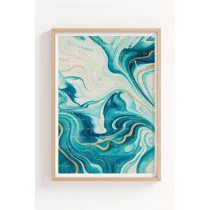 Mavi Dalgalar 2’li Ahşap Çerçeveli Tablo Seti - Soyut Modern Dekor 21x30 cm