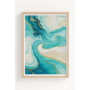 Mavi Dalgalar 2’li Ahşap Çerçeveli Tablo Seti - Soyut Modern Dekor 21x30 cm