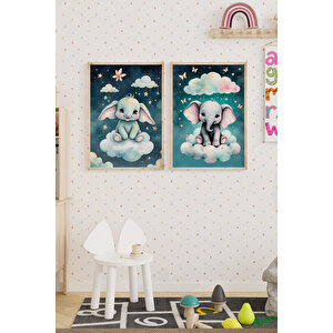Bulut Üzerinde Fil 2’li Çocuk Odası Ahşap Çerçeveli Tablo Seti - Gece Dekoru 50x70 cm