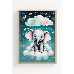 Bulut Üzerinde Fil 2’li Çocuk Odası Ahşap Çerçeveli Tablo Seti - Gece Dekoru 50x70 cm
