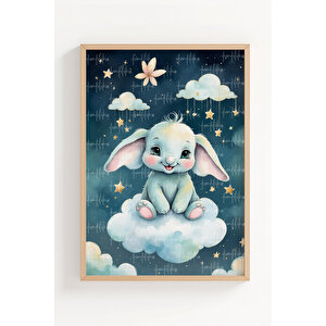 Bulut Üzerinde Fil 2’li Çocuk Odası Ahşap Çerçeveli Tablo Seti - Gece Dekoru 50x70 cm