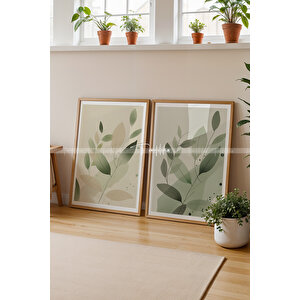 Minimalist Yeşil Yaprak Tasarımlı Ahşap Çerçeveli 2'li Tablo Seti-21x30 21x30 cm