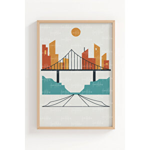 Köprü Ve Şehir 2’li Ahşap Çerçeveli Tablo Seti - Geometrik Modern Dekor 21x30 cm