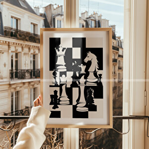 Siyah Beyaz Satranç Temalı Ahşap Çerçeveli 2'li Tablo Seti - 30x42 30x42 cm