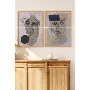 Modern Soyut Çizgi Sanatı 2'li Ahşap Çerçeveli Tablo Seti-2 30x42 cm