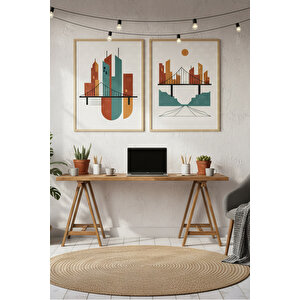 Köprü Ve Şehir 2’li Ahşap Çerçeveli Tablo Seti - Geometrik Modern Dekor 50x70 cm