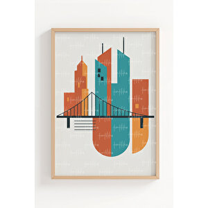 Köprü Ve Şehir 2’li Ahşap Çerçeveli Tablo Seti - Geometrik Modern Dekor 50x70 cm