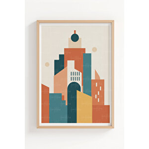 Geometrik Şehir 2’li Ahşap Çerçeveli Tablo Seti - Modern Mimari Dekor 21x30 cm