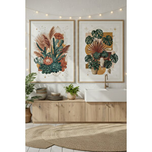 Tropikal Botanik 2’li Ahşap Çerçeveli Tablo Seti - Bitki Ve Doğa Dekoru 21x30 cm