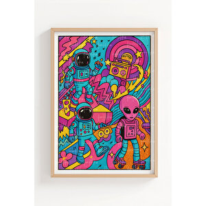Retro Uzay 2’li Ahşap Çerçeveli Tablo Seti - Renkli Pop Art Dekoru 30x42 cm