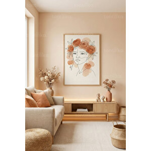 Çiçek Taçlı Kadın Line Art Dekoratif Ahşap Çerçeveli Tablo – Boho Modern Duvar Dekoru 21x30 cm