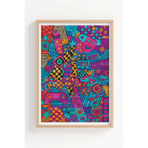 Retro Uzay 2’li Ahşap Çerçeveli Tablo Seti - Renkli Pop Art Dekoru 50x70 cm