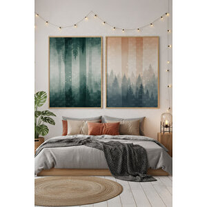 Sisli Orman Tonları 2’li Ahşap Çerçeveli Tablo Seti - Doğa Ve Minimal Dekor 30x42 cm